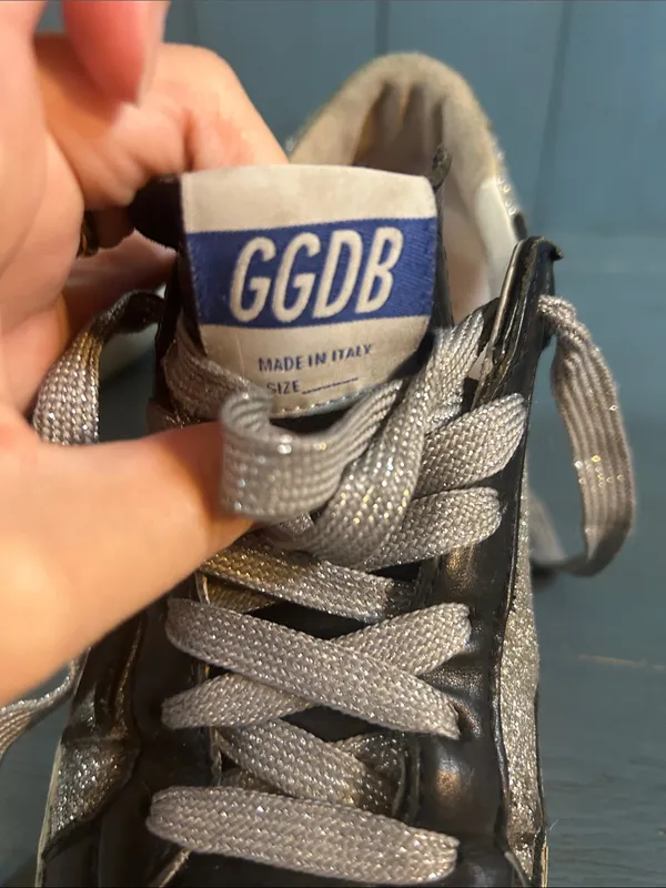 Golden Goose Black Leather Sneakers with Silver Glitter Panels | Size 37 US 7 - Image 11