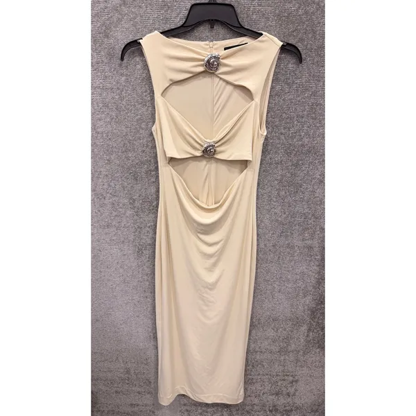 Zara Womens Midi Dress Large Cream Cut-Out Metallic Hardware 9398/249 - Image 7