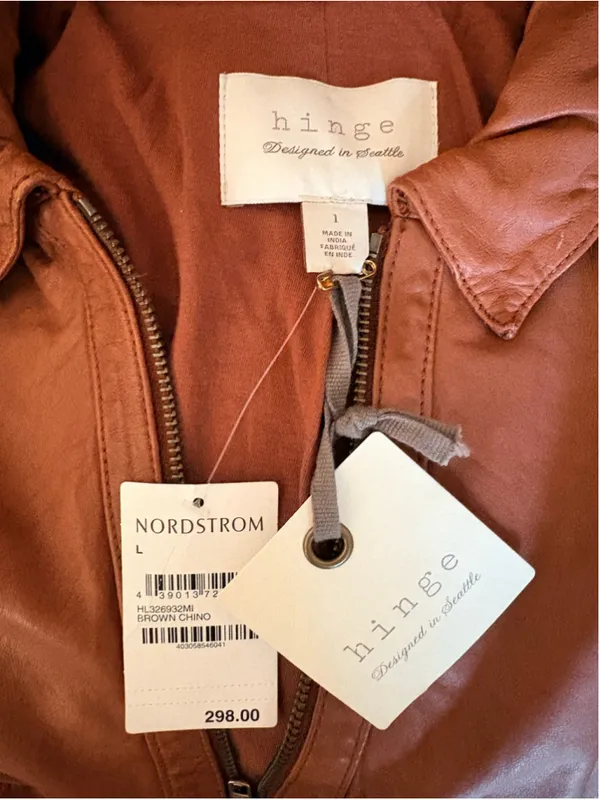 Hinge Zip Pocket Leather Jacket Brown Size 1 (19” PTP oversized) NWT - Image 9