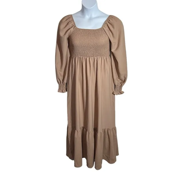 Khaki Smocked Maxi Dress Large Boho Square Neck Ruffle Hem Festival - Image 4
