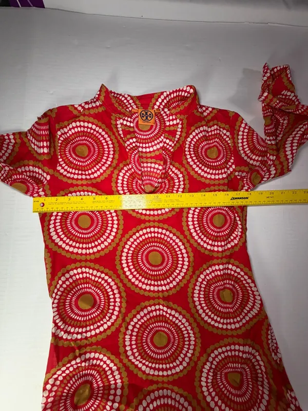 Tory Burch Red, White & Mustard Circular medallion Print dress 35 inches - Image 2