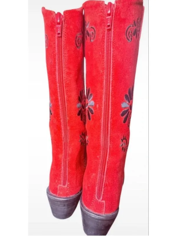 RARE Agave Sky Red Suede Embroidered Floral Western Cowgirl Boots Sz 6 Charro! - Image 7