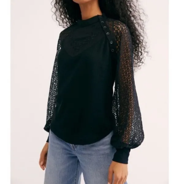 Free People Black Sweetest Thing Thermal Top Crewneck Top - Image 3