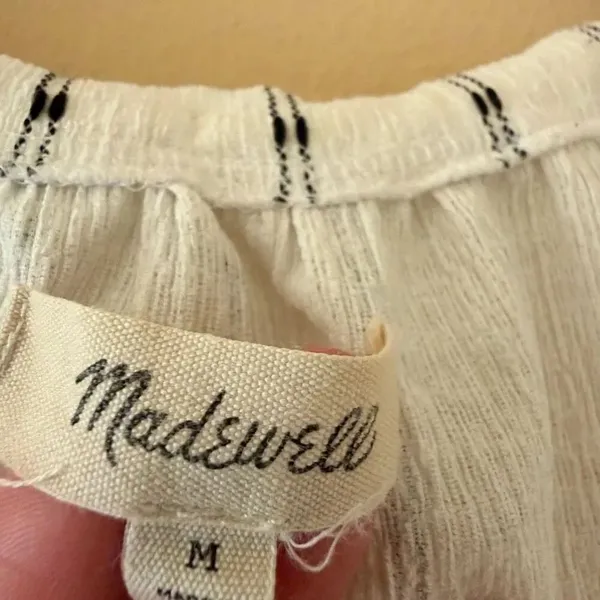 Madewell Tie-Neck Tunic Short Sleeve Black Striped Dot Knit Tunic Top SZ M #2568 - Image 7