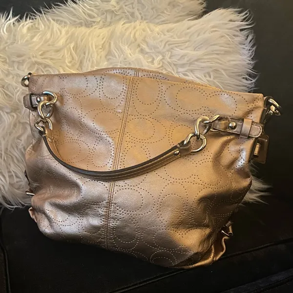 Coach Brooke Metallic Gold Leather Shoulder Bag Purse Signature Perforated Tote - Image 5