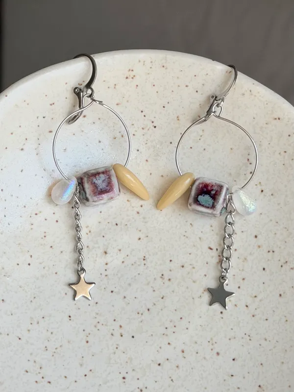 Handmade funky boho retro unique hoop dangle earrings🩵 - Image 4