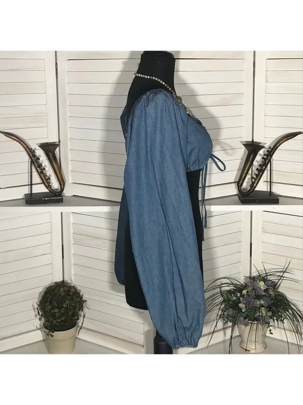 Forever 21 Chambray Blue Cropped Long Sleeve Top Small - Image 4