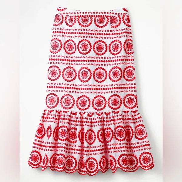 Boden Broderie Embroidered‎ Scalloped Lined Hem Midi Skirt Red White Size 2P - Image 3