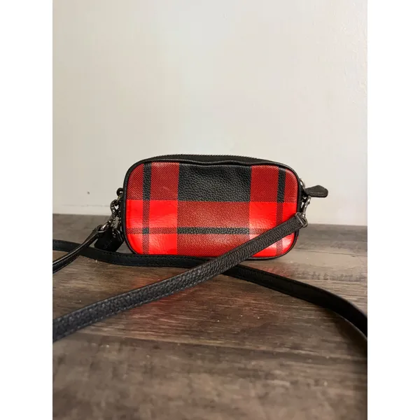 Coach Red Black Buffalo Plaid Pebble Leather Double Zip Crossbody Camera Bag - Image 4