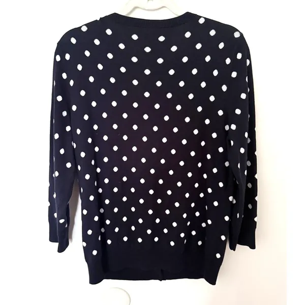 Talbots Button Front 3/4 Sleeve Navy Polka Dot Cotton Blend Cardigan Sweater L - Image 2