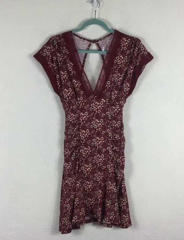 Free People Sweet Talker Lace Mini Dress Size XS Burgundy Floral 90s Grunge Boho - Image 3