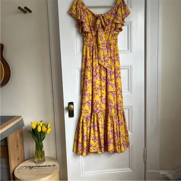 Anthropologie Sachin & Babi Yellow Flutter Sleeve Floral Print Maxi Dress Size 8 - Image 4