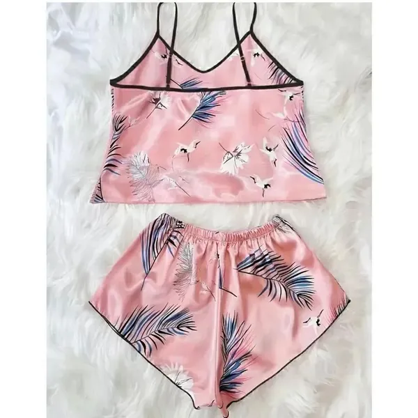 Bohemian Retro Plant Print Pajama Set, V Neck Cami Top & Short SZ L # 1636 - Image 2