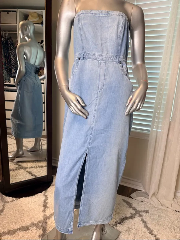 Free People Denim Midi Dress Size 8 Blue Strapless Cotton Front Slit Pockets - Image 3