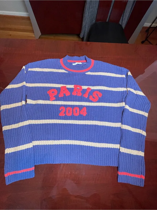 Altar'd State Striped Chunky Knit Fisherman Sweater Slouchy Blue Beige Size M - Image 4