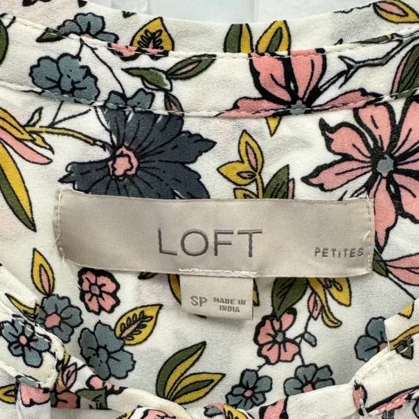 LOFT Petites Floral Split Neck Tie Blouse White Pink Blue Long Sleeve SP - Image 7