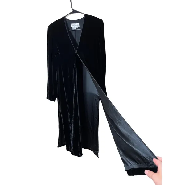 Worth Vintage 90s‎ Black Long Midi Velvet OpenFront Duster Jacket Size 6 - Image 4
