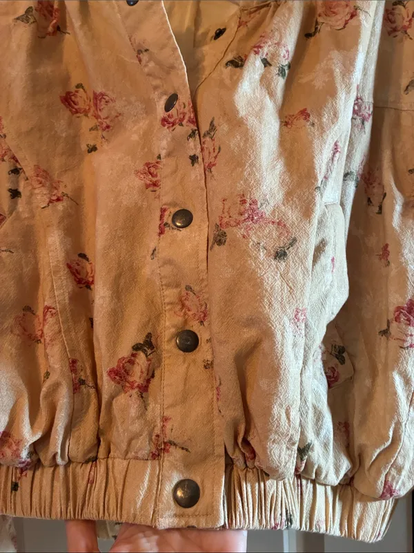 Free People Beige Floral Cropped Bomber Jacket - Image 3