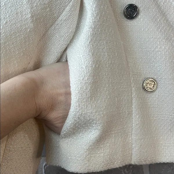 Mina Self Cream‎ Cropped Tweed Blazer Jacket Double Breasted Size L - Image 8