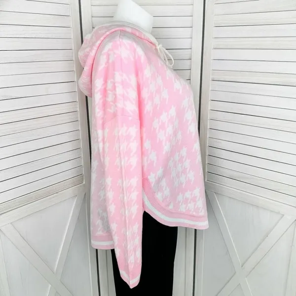 Crown & Ivy Houndstooth‎ Hooded Long Sleeve Poncho Sweater Pink White Large - Image 3