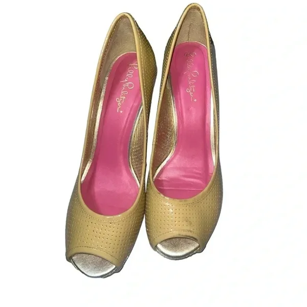 Lilly Pulitzer Wedge Pumps Womens 8M Tan Perforated Leather Peep Toe Raffia Heel - Image 3