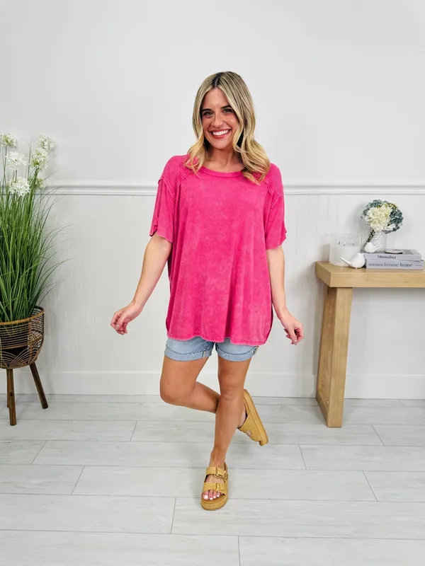 Zenana relaxed fit oversized ribbed short sleeve flowy top size s/m hot pink NIB - Image 3