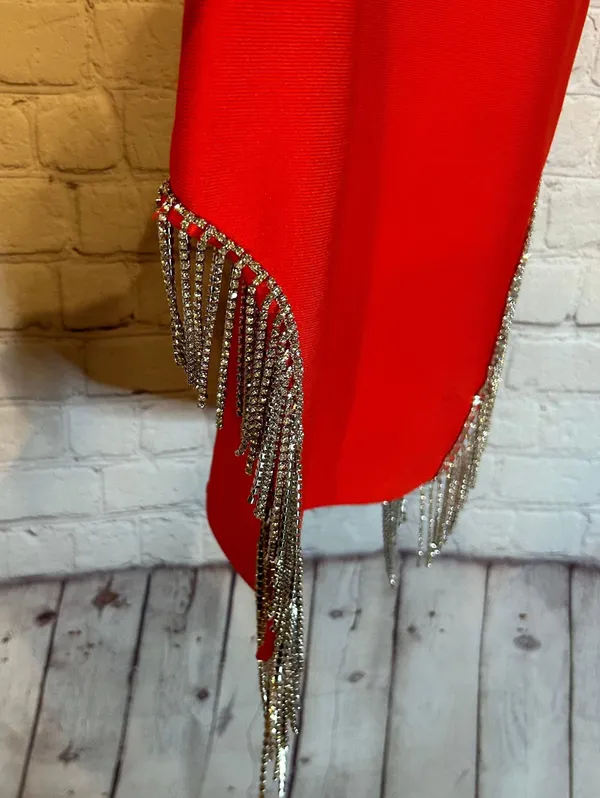 Red Bandage Dress With Rhinestone Fringe - Image 3