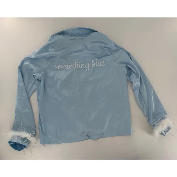 Nasty Gal Something Blue Bridal Pajama Set US 4 Baby Blue Feather Trim NWT - Image 13