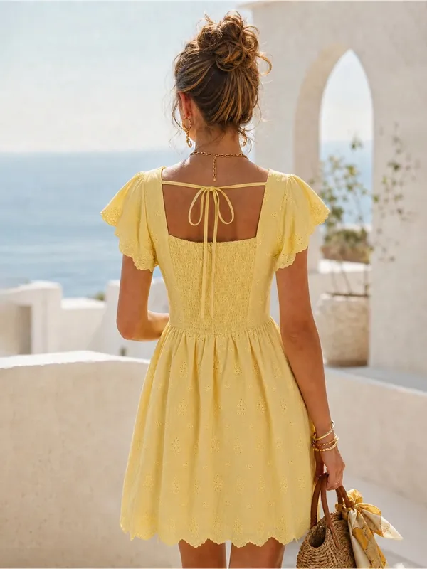 Rihoas Yellow Square Neck Tie Button Mini Dress - Image 3