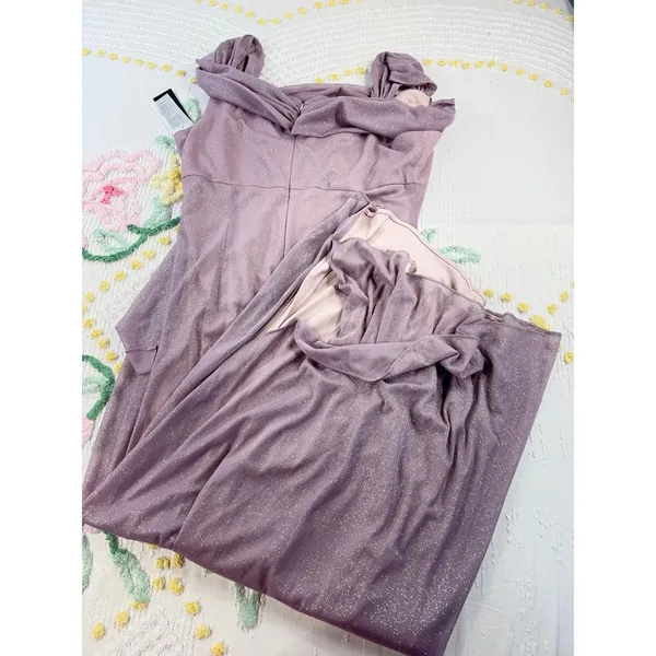 Alex Evenings Mauve Sparkle Ruched Off Shoulder‎ Gown Formal Evening Dress 16 - Image 2