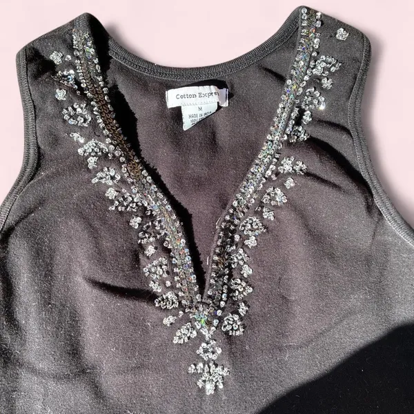 Black tank top with silver floral embroidery along the neckline - Image 2
