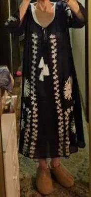 Rhea Blue White Embroidered Floral Knee Length Cotton Dress 3/4 Sleeve L - Image 4