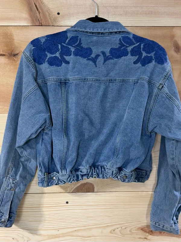 Free People Light Blue Denim Jacket with Blue Floral Embroidery - Image 5