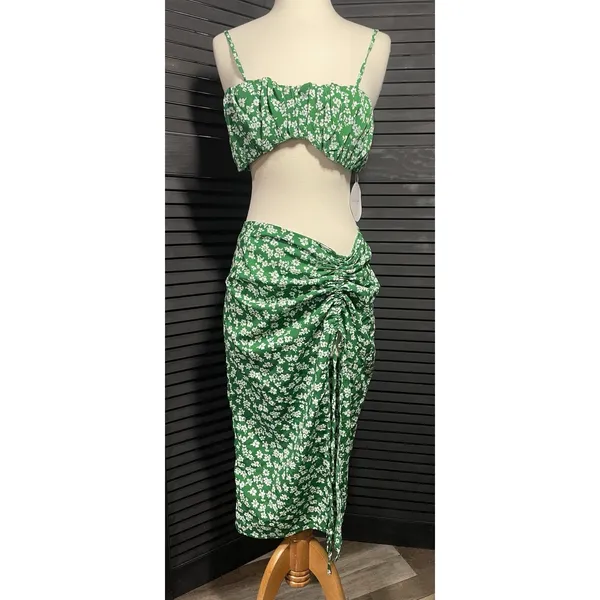 SHEIN Green Floral‎ Ruched Crop Top & High Slit Maxi Skirt Set Women's Size S - Image 2