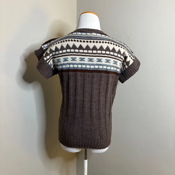 Vintage LEAP Women's Brown Fair Isle Knit V Neck‎ Sleeveless Sweater Vest - Image 3