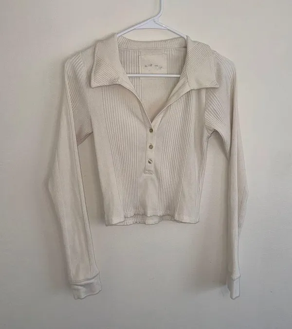 Aerie Cream Beige White Ribbed Longsleeve Collar Medium - Image 2