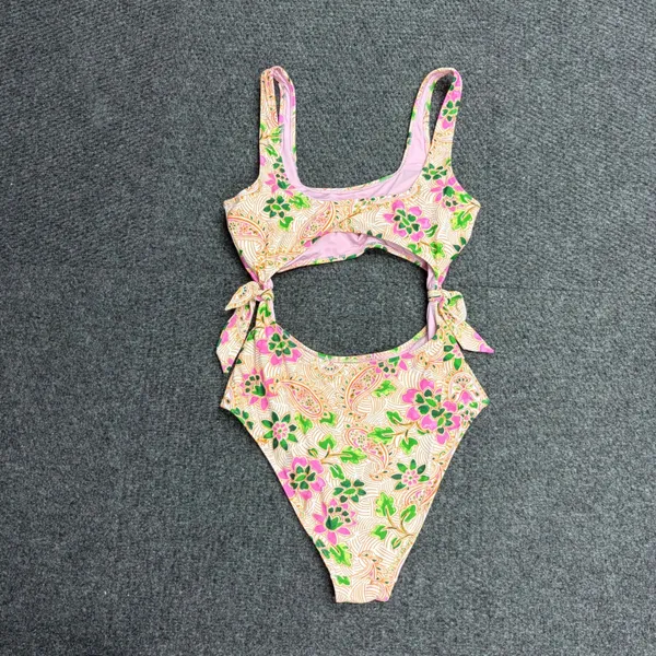 Aerie Real Good One Piece Cheeky Swimsuit Pink Green Floral Paisley Cutout Med - Image 4