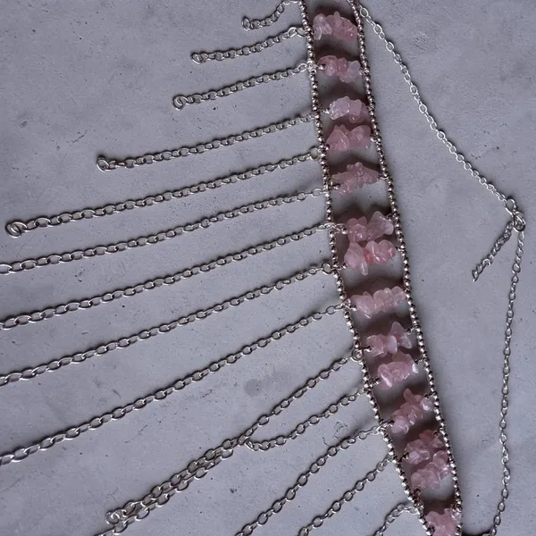 Rose Quartz Fringe Choker Necklace 925 Silver Plated - Image 4