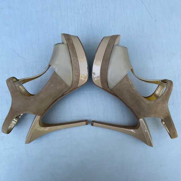 Jessica Simpson Nude Elso Dusty Taupe Open Toe Leather Suede T-Strap Heels - Image 5
