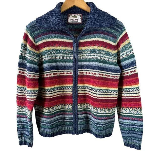Vintage Tiara Int'l Striped Fair Isle Southwest Colors Zip Cardigan Sweater XL - Image 2