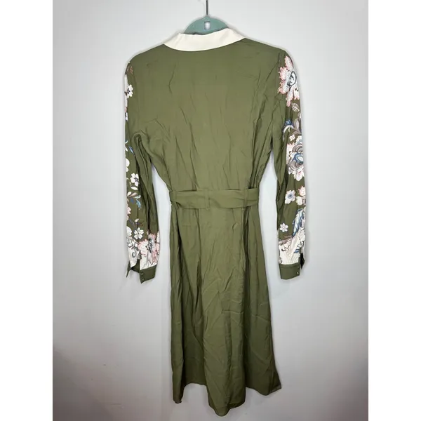 Sézane Button Down Floral Khaki Green Cream Belted Shirt Dress Sz 34 XS - Image 4