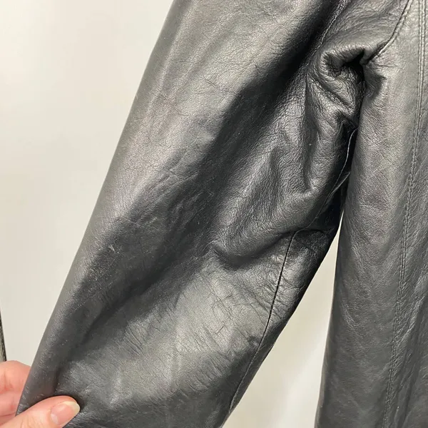 Vintage Leather Penny Lane Style Long Coat Black Real Fur Trim Womens Small - Image 8