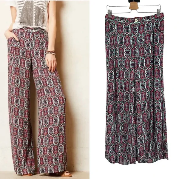 Anthropologie Elevenses‎ South Shore Pants Geometric Wide Leg Pink Teal Size 8 - Image 2