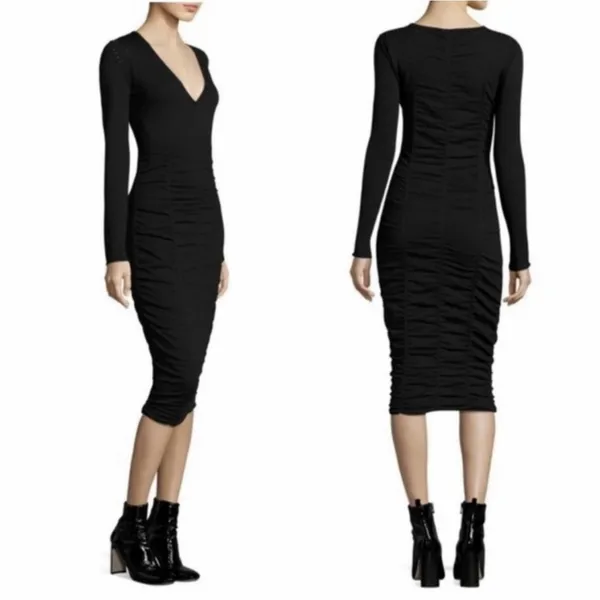 NEW Opening Ceremony Womens‎ Long Sleeve Ruched V Neck Midi Dress Black Large - Image 2