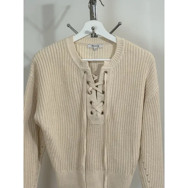 Madewell Lace Up Front Chunky Knit Sweater Cream Beige Long Sleeve Preppy Size S - Image 3