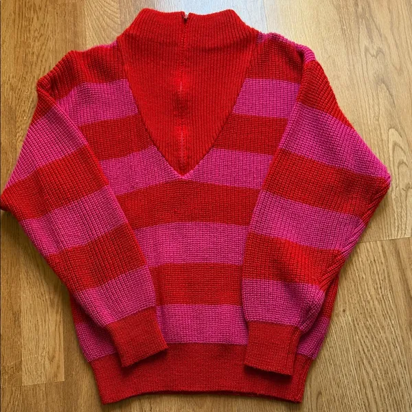 Vibrant Red and Pink Striped Women's Turtleneck Sweater - Image 2