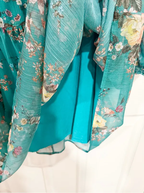 Anthropologie Maeve Teal Floral Chiffon Ruffle Mini Dress Boho Romantic XS - Image 6