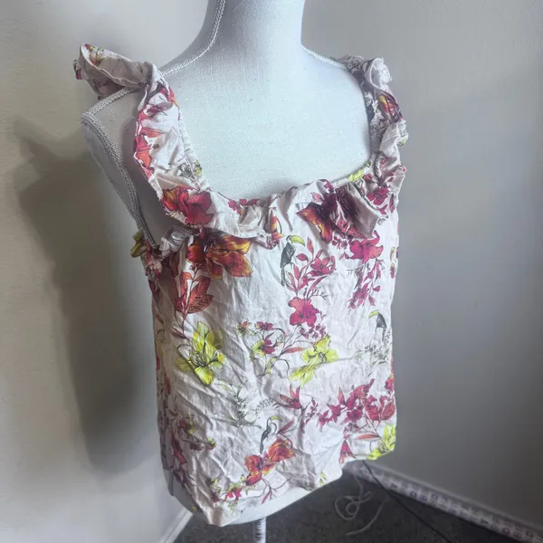 Evereve Womens Linen Blend Tropical Bird Floral Ruffle Tank Top Pink M - Image 2