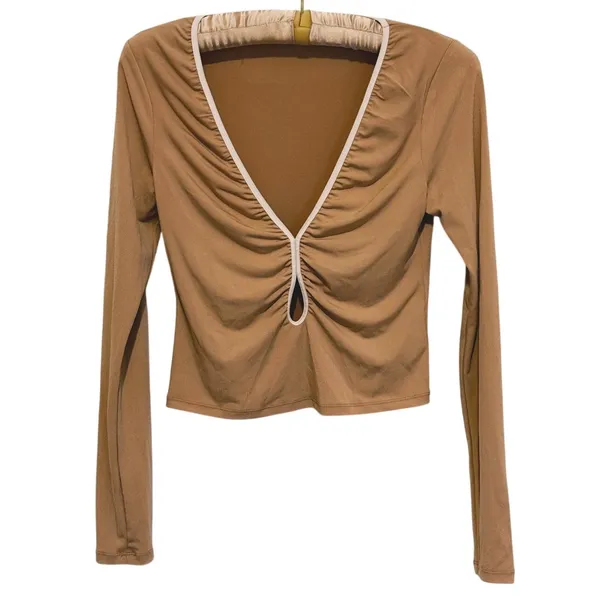 Abercrombie & Fitch Ruched Keyhole Top Small Brown Tan Minimal Quiet Luxury - Image 2