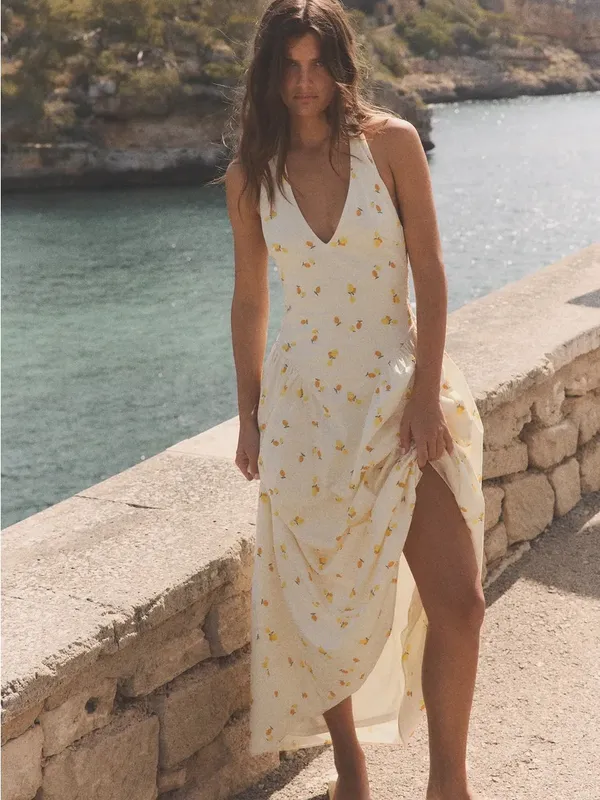 ZARA Lemon Print Halter Midi Dress Cream Yellow NWT Size M - Image 13